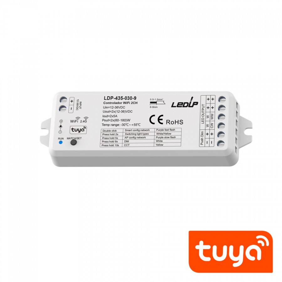Controlador TUYA CCT/MONOCOR 2CH | Fita LED 12/24V